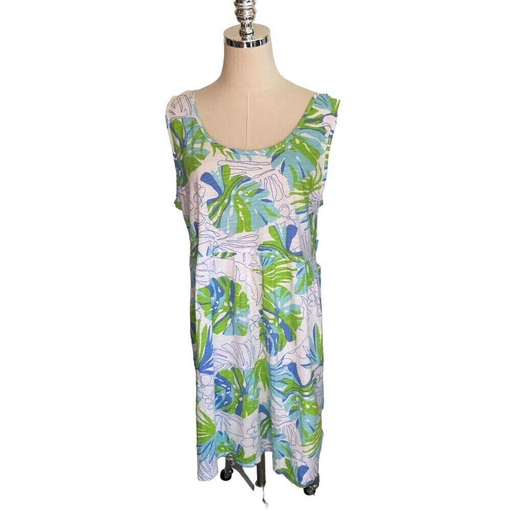 Sun Moda California Green Size 2XL Dress Summer White Leaf Pattern Knee Length